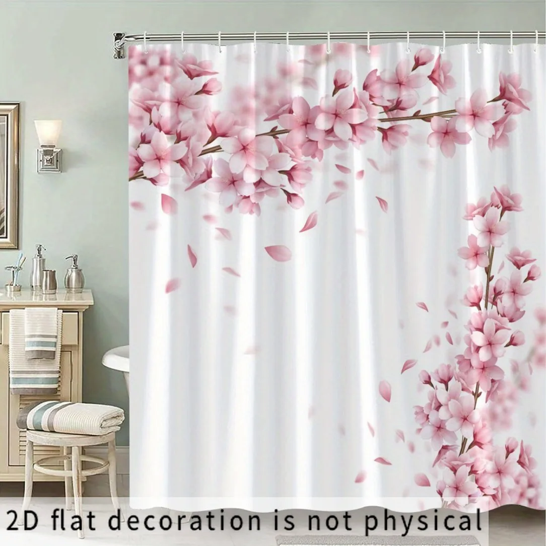 1pc Garden Shower Curtain - Adorable Little Cow with White Floral Bow Pattern, Pink/Yellow Tulips And Soft Watercolor Background