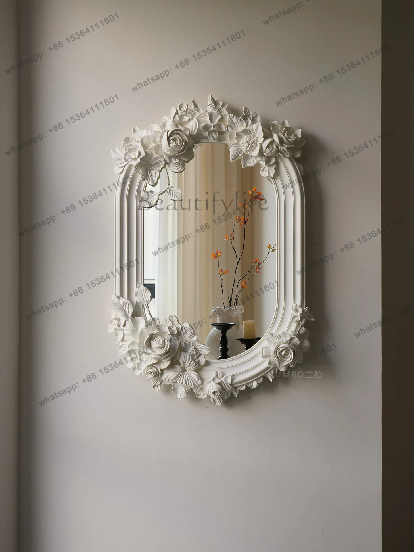 YJ French Vintage Floral Oval Wall Mounted Makeup Mirror Romantic Art Decor Mirror For Home Interior Ornament