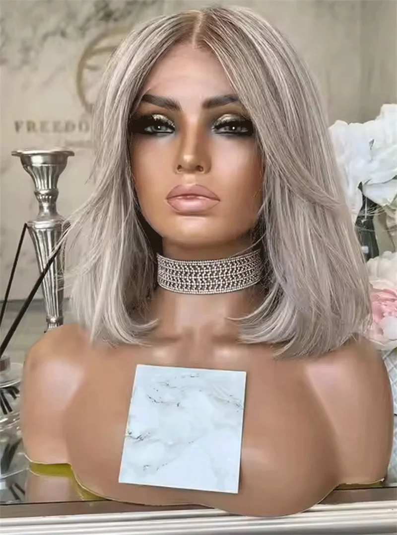 Ash Platinum Layered Wig Lace Front Wavy Highlights Synthetic Free Part Dark Roots Heat Resistant Wigs For Women Wig Daily Wear