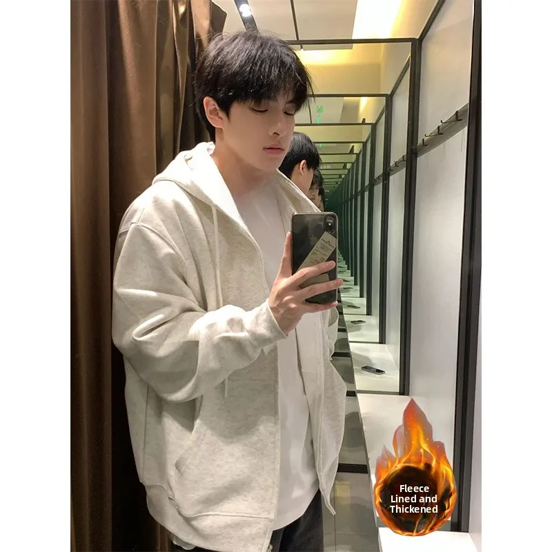 

Oversize Fce Lined Hoodie Men's Winter Thi Warm Cardigan Jaet 620g Heavy Du Hooded Sweatirt Trendy Casual Loose Fit