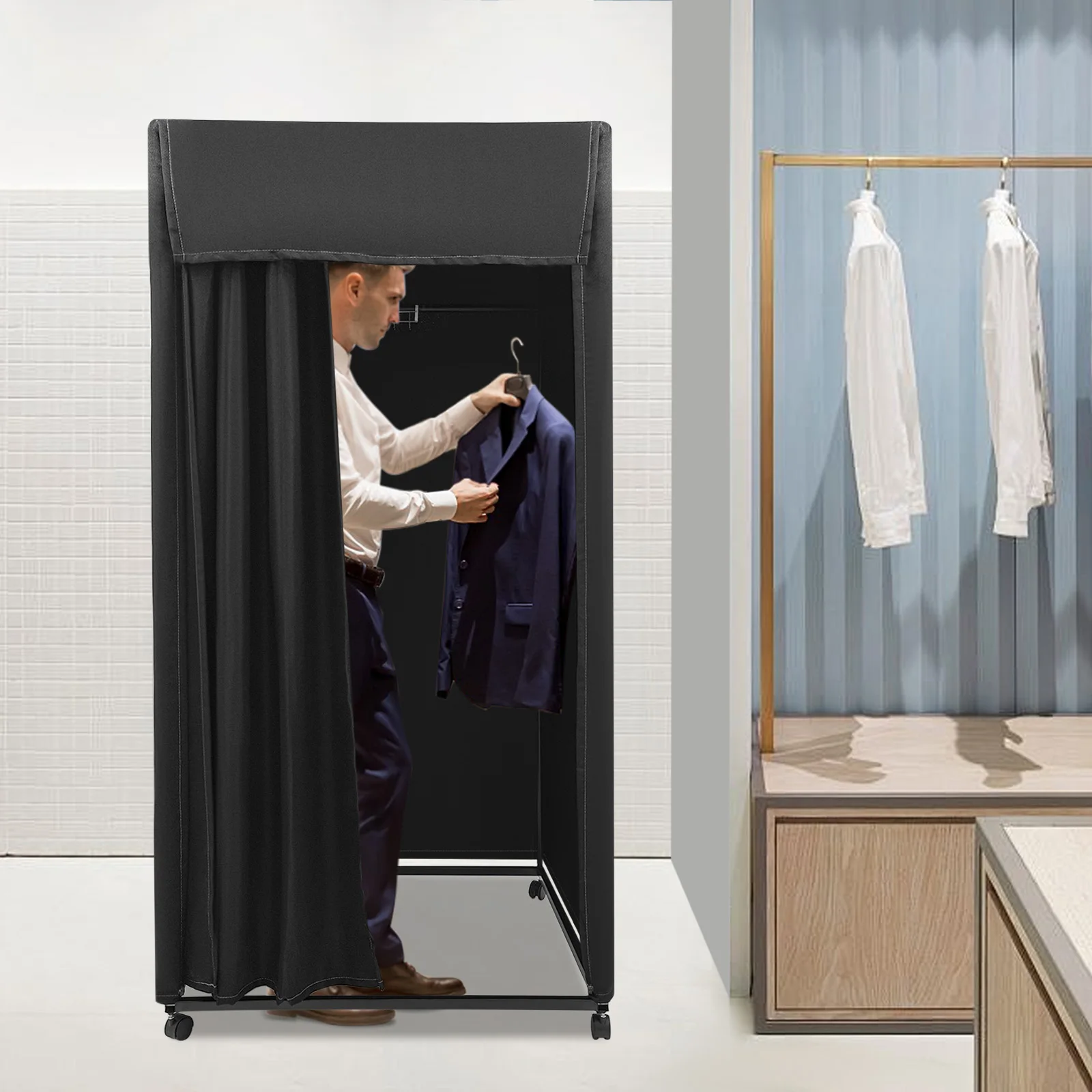 2m High Square Fitting Room with Plush Fabric, Portable Dressing Rooms with 4 Swivel Wheels, Movable Fitting Booth for Outdoor Beaches, Campsites
