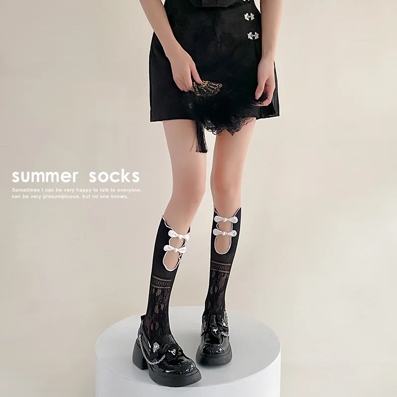 

New Style Cheongsam with Middle-length Stockings. Summer Lightweight Lolita Stockings with Vintage Buttoned-up Design.