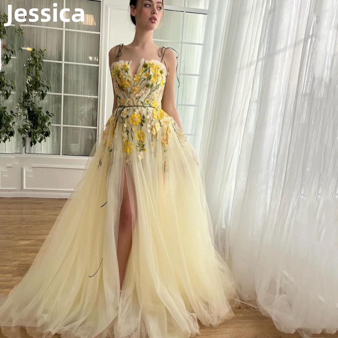 

Jessica 3D Flowers Prom Dresses Sweetheart Yellow Formal Evening Dresses Tulle Graduation Party Dresses 2024Wedding Dress