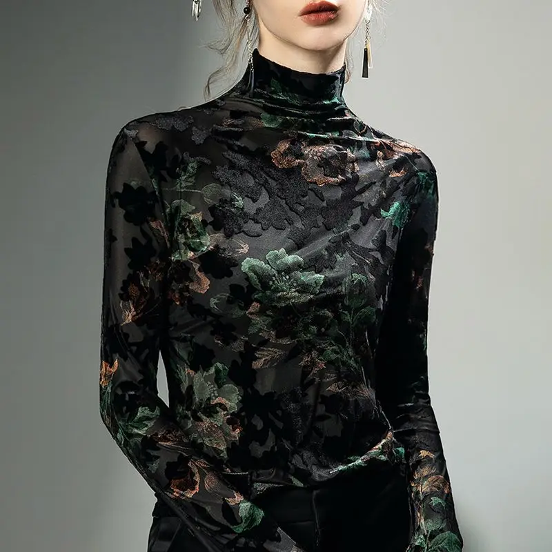 Women Clothing Vintage Elegant Flower Flocking High Collar Basic T-shirt Autumn Winter Sexy Mesh Long Sleeve Slim Pullover Tops