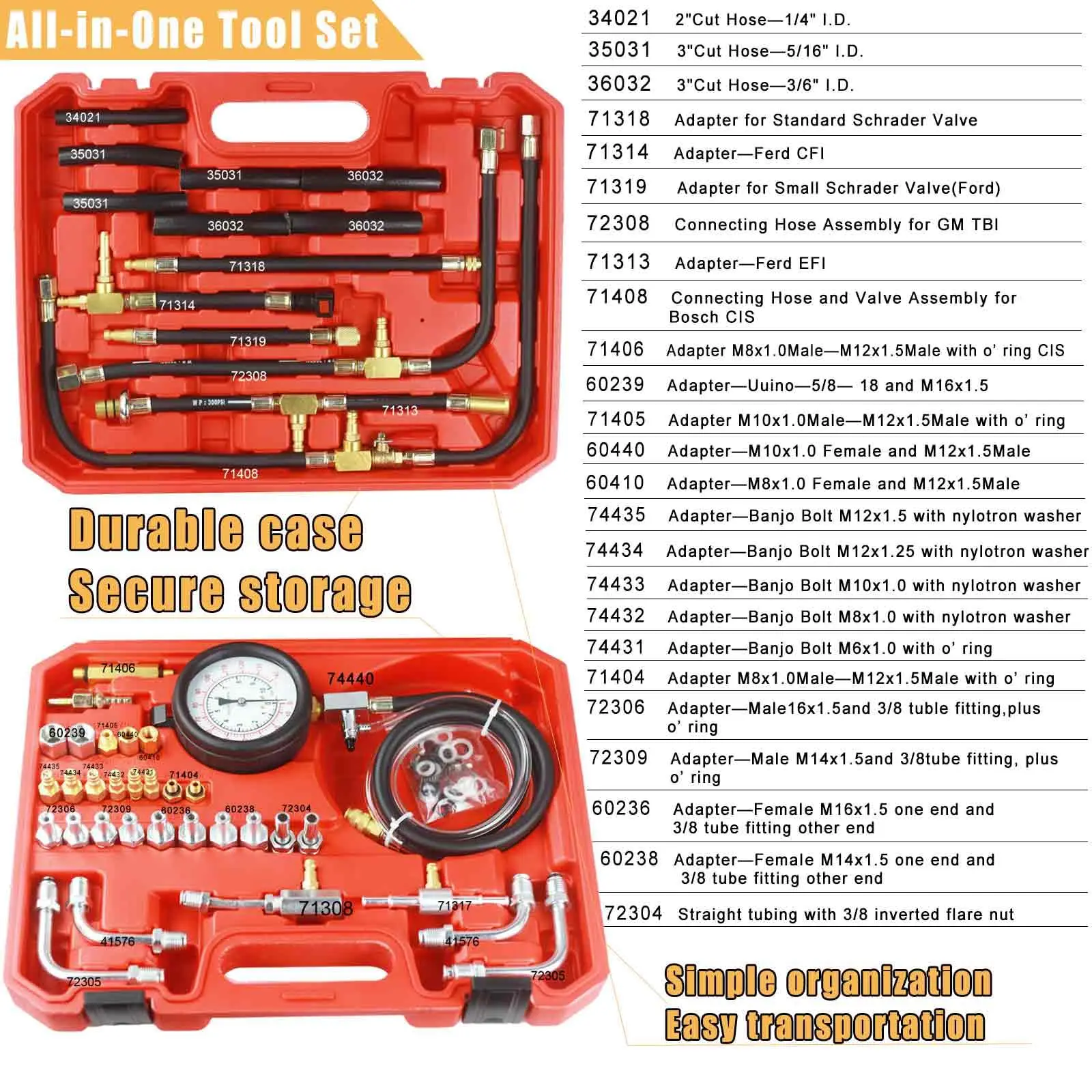 45PCS Fuel Pressure Test Kit Car Fuel Interjection Pressure Gauge Complete Kit Diesel Fuel Pressure Gauge for Truck Motorcycle