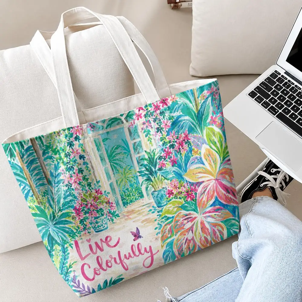 L-Lilly P-Pulitzer Gorgeous Storage Bags 2-Piece Set Double-Sided Print with Zipper Canvas Eco Tote Bag for Beach Travel Picnic