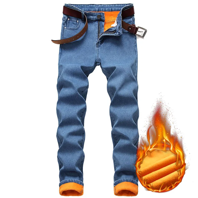 

Winter New Men Fleece Jeans Classic Casual Stretch Fitted Straight Denim Trousers Male Solid Color Elastic Thick Warm Pants