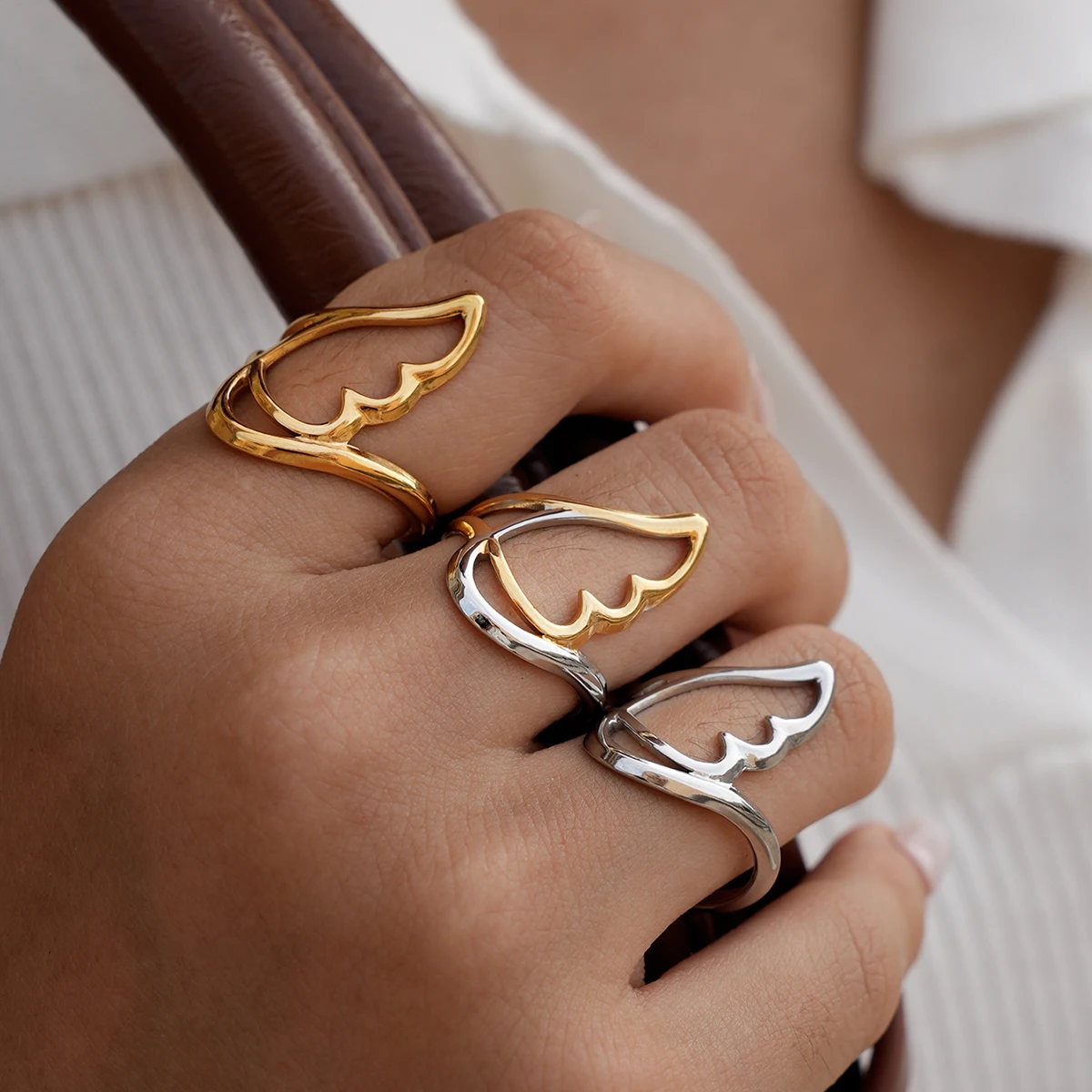Uself New Design Stainless Steel Creative Geometric Hollow Open Ring Women Statement Metal Rust Resistant Minimalist Jewelry Hol