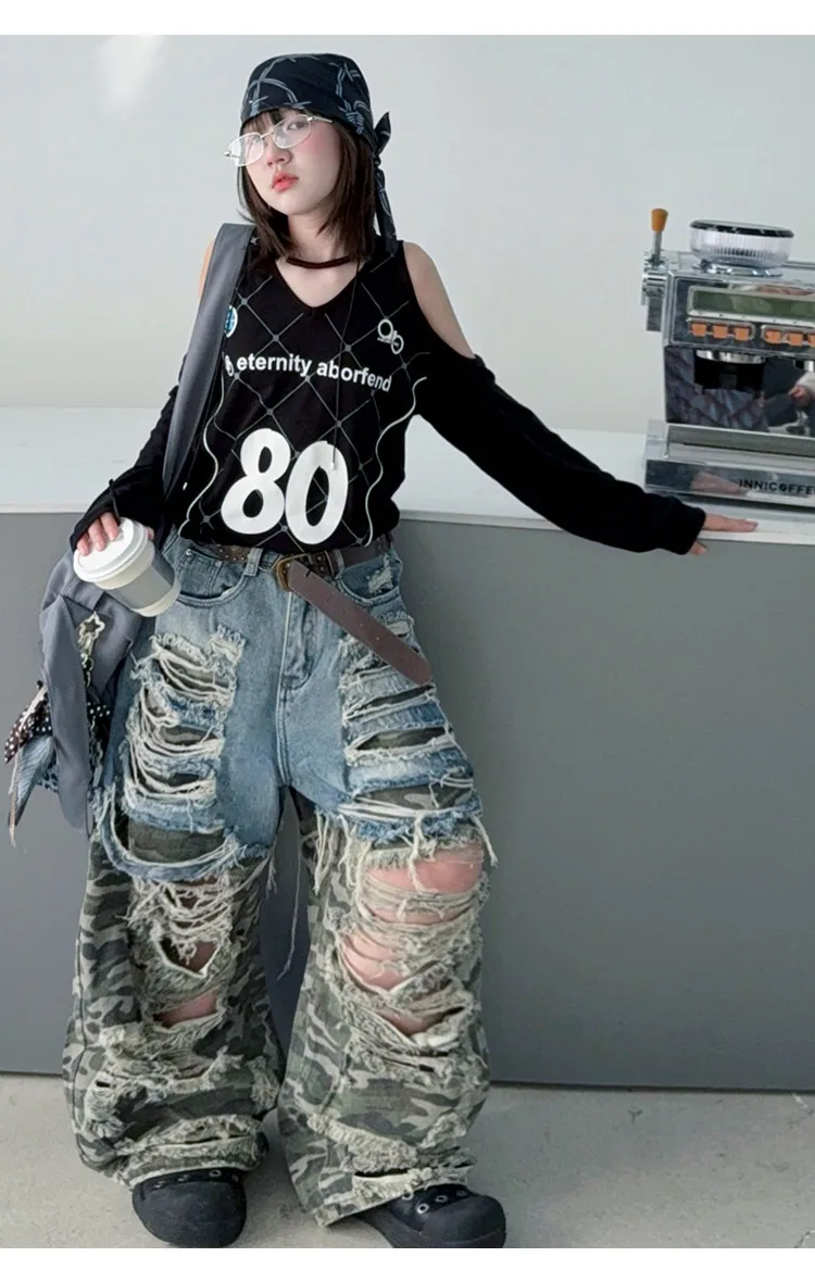Sommer-Jeans für Teenager-Mädchen mit großen Löchern und Camouflage-Muster, Größe 4-14, Junior Hip-Hop Jazz Street Dance Kinderhose mit weitem Bein, Kinderhose – Detail 3
