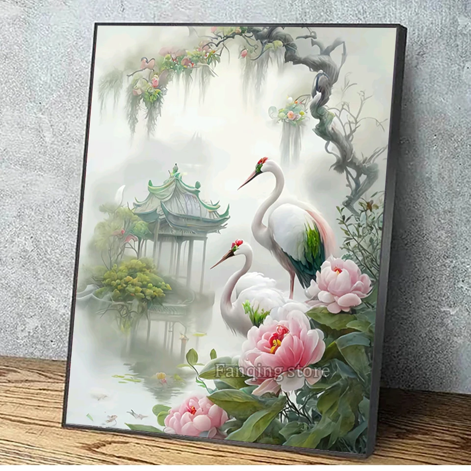 Red-crowned Crane Diamond Painting New Collection 2023 Diamond Embroidery Lake Flower Cross Stitch Birds Full Rhinestone L79