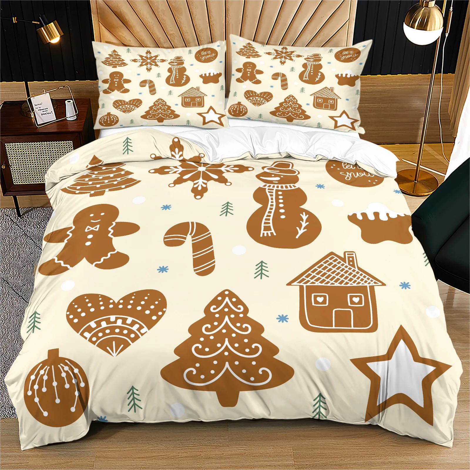 Gingerbread Christmas Duvet Cover Set Cute Cookie Snowman Tree Print Warm Farmhouse Holiday Bedroom Decor