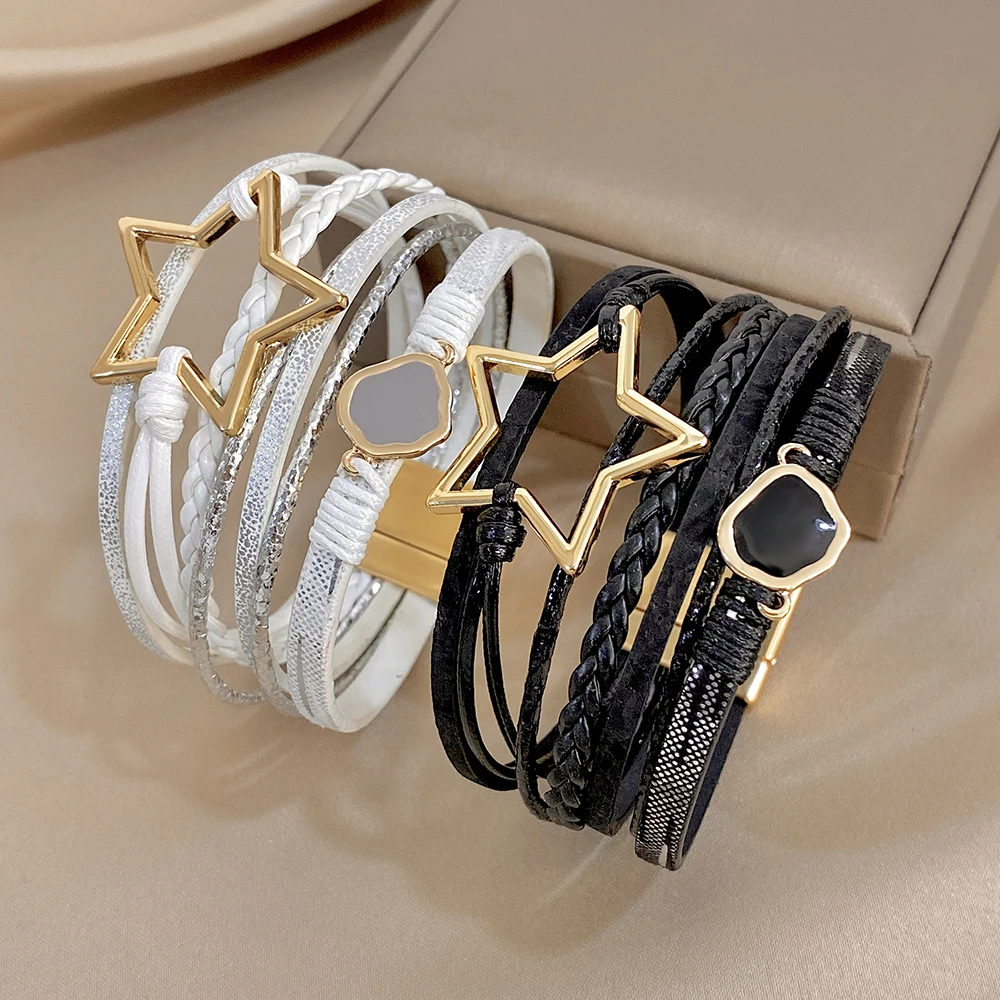 ALLYES Vintage Armband aus gewebtem Leder mit ausgehöhltem Stern für Damen, klobiges Boho-Mehrschicht-Armband, breites Wickelarmband, Charm-Schmuck – Detail 17