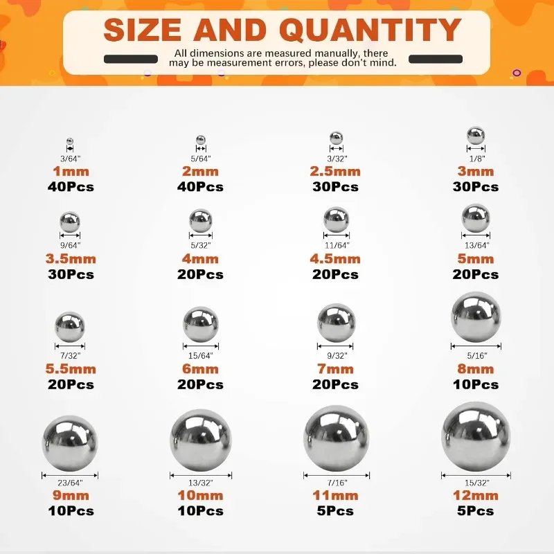 330Pcs Ball Bearing Metric Precision Steel Bearing Steel 1/2/2.5/3/3.5/4/4.5/5/5.5/6/7/8/9/10/11/12mm Bearings Roller Beads Kit