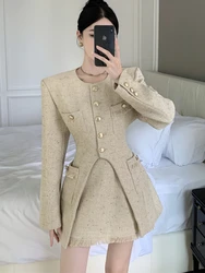 New Small Fragrance Tweed Fashion Ladies Set Chic O Neck Jacket + High Waist A Line Slim Skirt Korean Autumn Women Two Piece Set