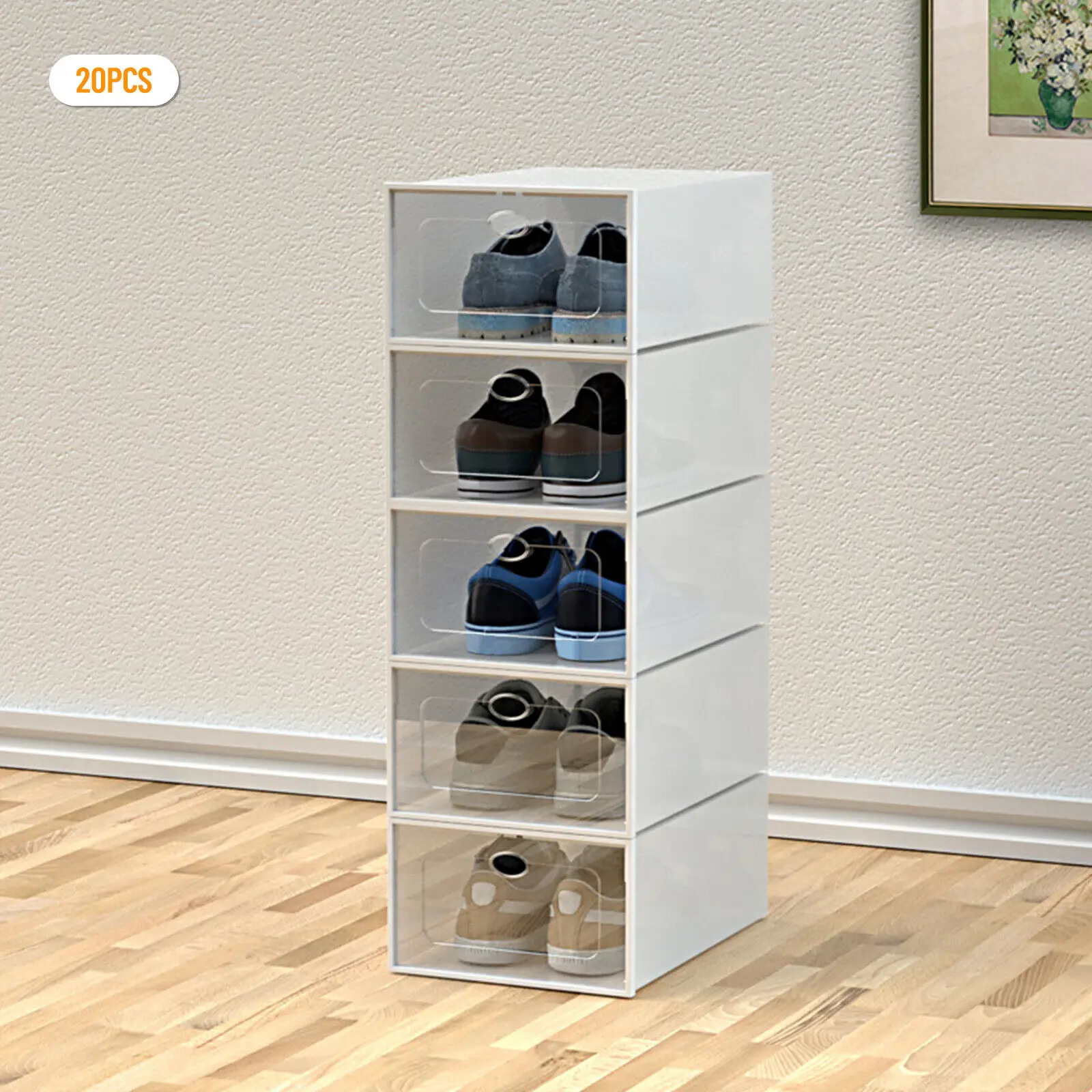 

20pcs Stackable Shoe Storage Box Plastic PP Sneaker Display Case Organizer White