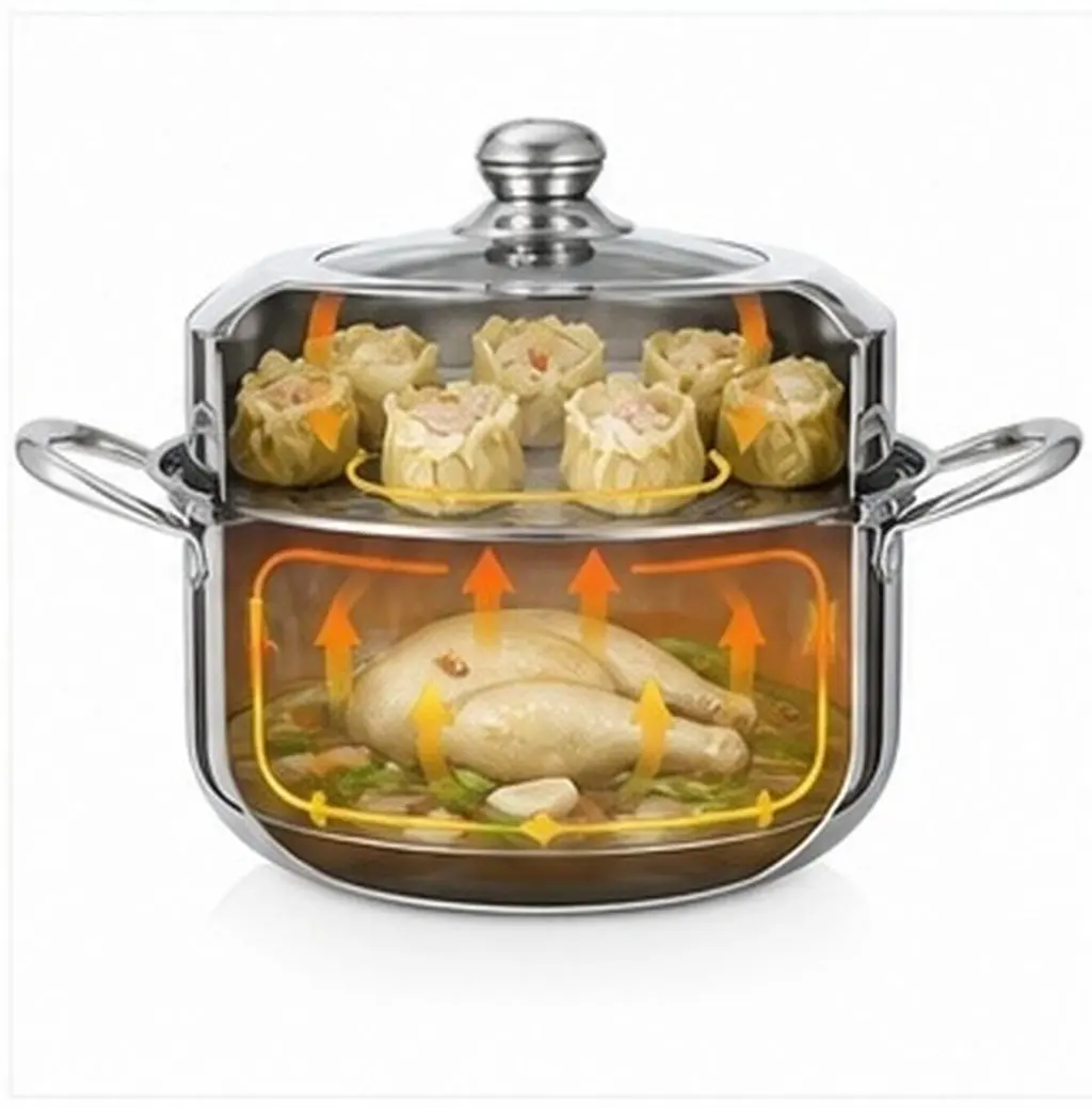 1Set Stainless Steel Steamer Pot Double Layer Thickened Stockpot Home Kitchen Multifunctional Food Steamer Cooking Steaming