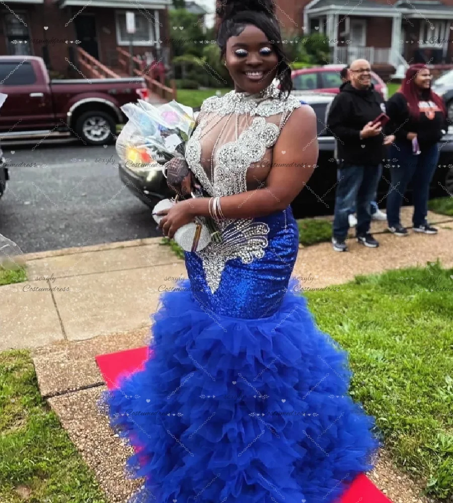 Robe de soirée de luxe en diamant, bleu Royal, sirène, noire, robe de bal pour filles, volants inférieurs, grande taille, robe d'anniversaire formelle à paillettes