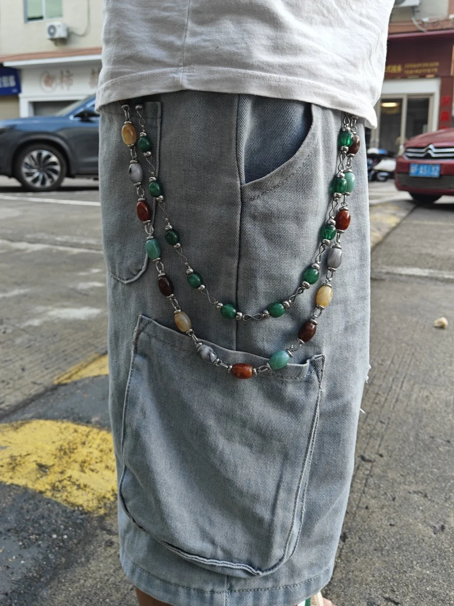 Farbiger Achat-Lmitations-Jade und Edelstein, mehrfarbige Hosenkette, böhmischer Stil, modische Luxus-Accessoires für Männer und Frauen – Detail 1