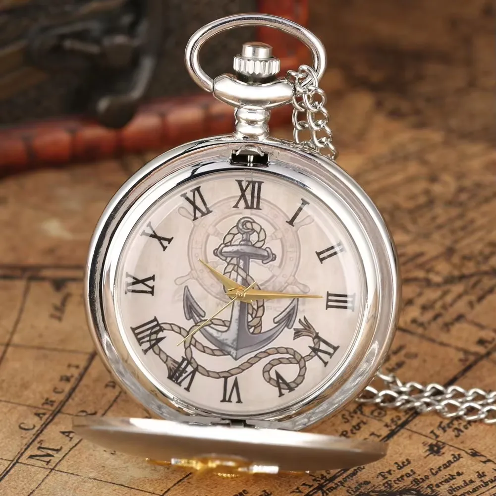 Reloj de bolsillo con ancla pirata para hombre y mujer, cronógrafo con cadena, colgante de cuarzo, Estilo Vintage