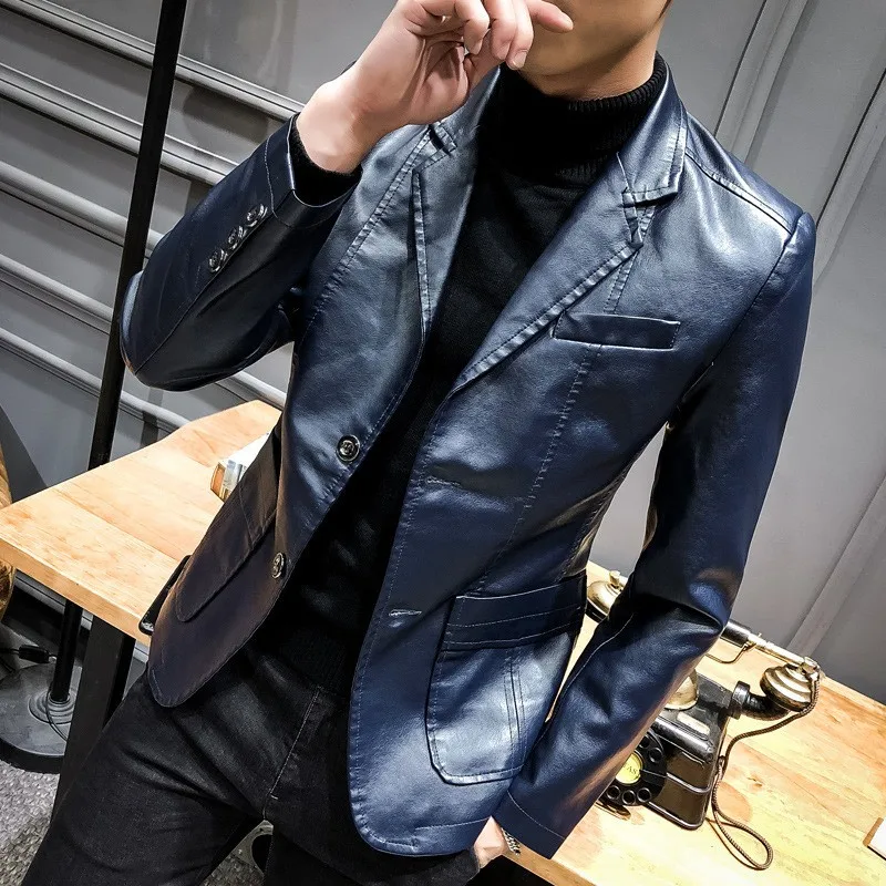 

Retro PU Leather Jacket Men Short Styles Blue Locomotive Top Trendy Slim Single Breasted Lapels with Pockets Coat Men's Clothing