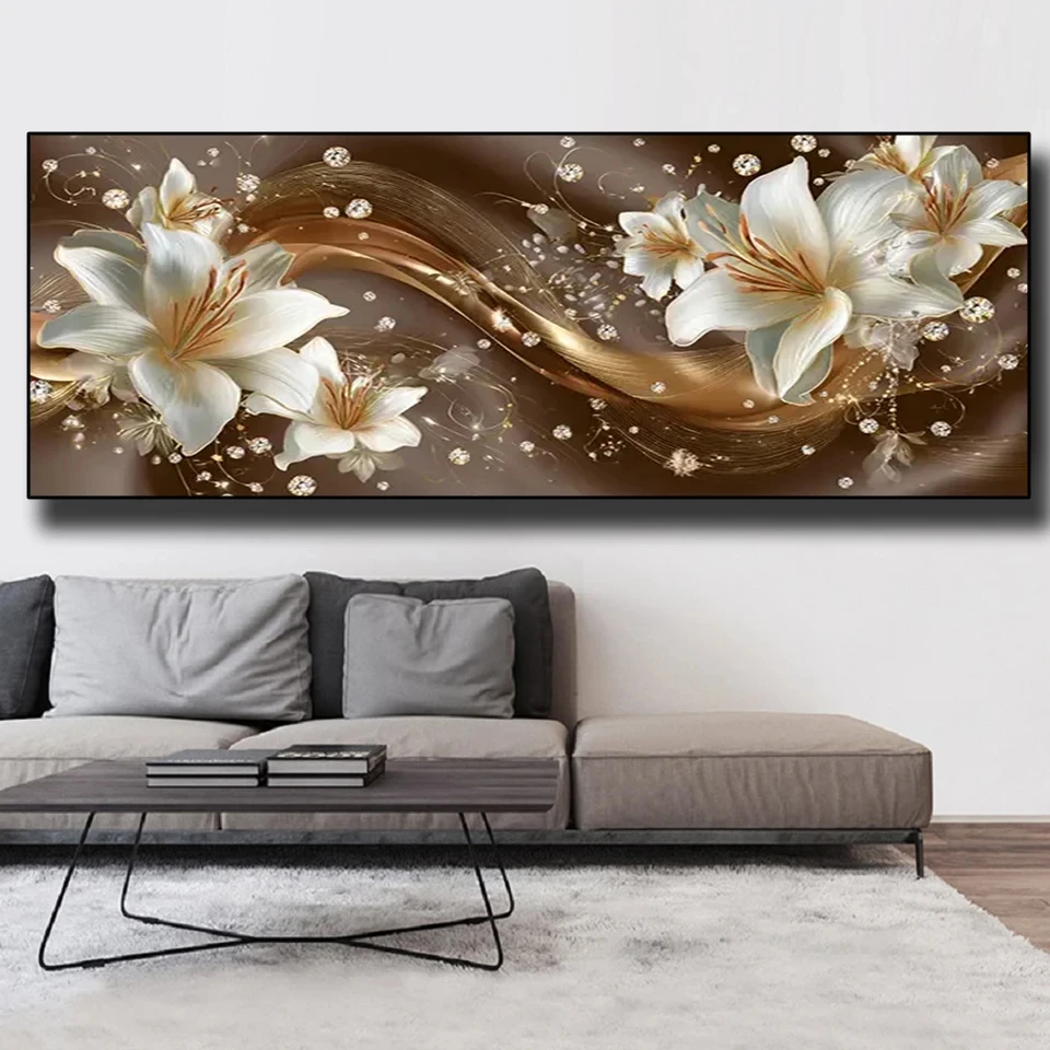 Extra Large Lily Flowers DIY Diamond Painting, Full Square and Round, Mosaic Embroidery Cross stitch Kits Gold Flower Home Decor