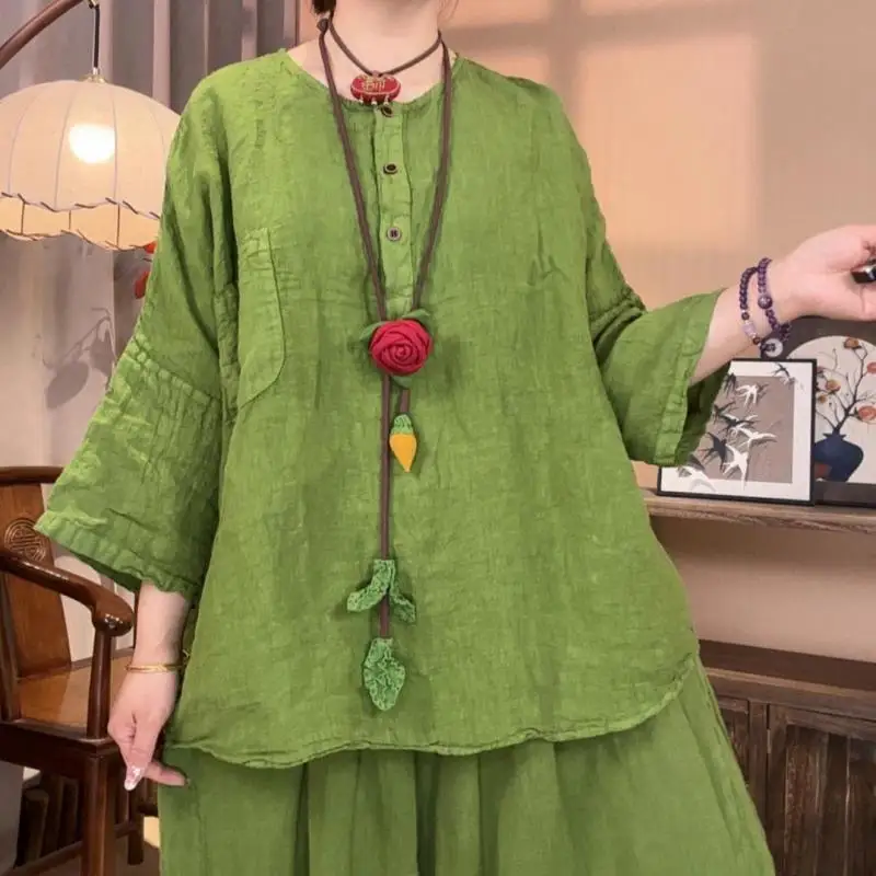 

2026 Summer Arts Style Women 3/4 Sleeve O-neck Loose Casual Shirts Single pocket High Quality Cotton Linen Vintage Blouse Tops