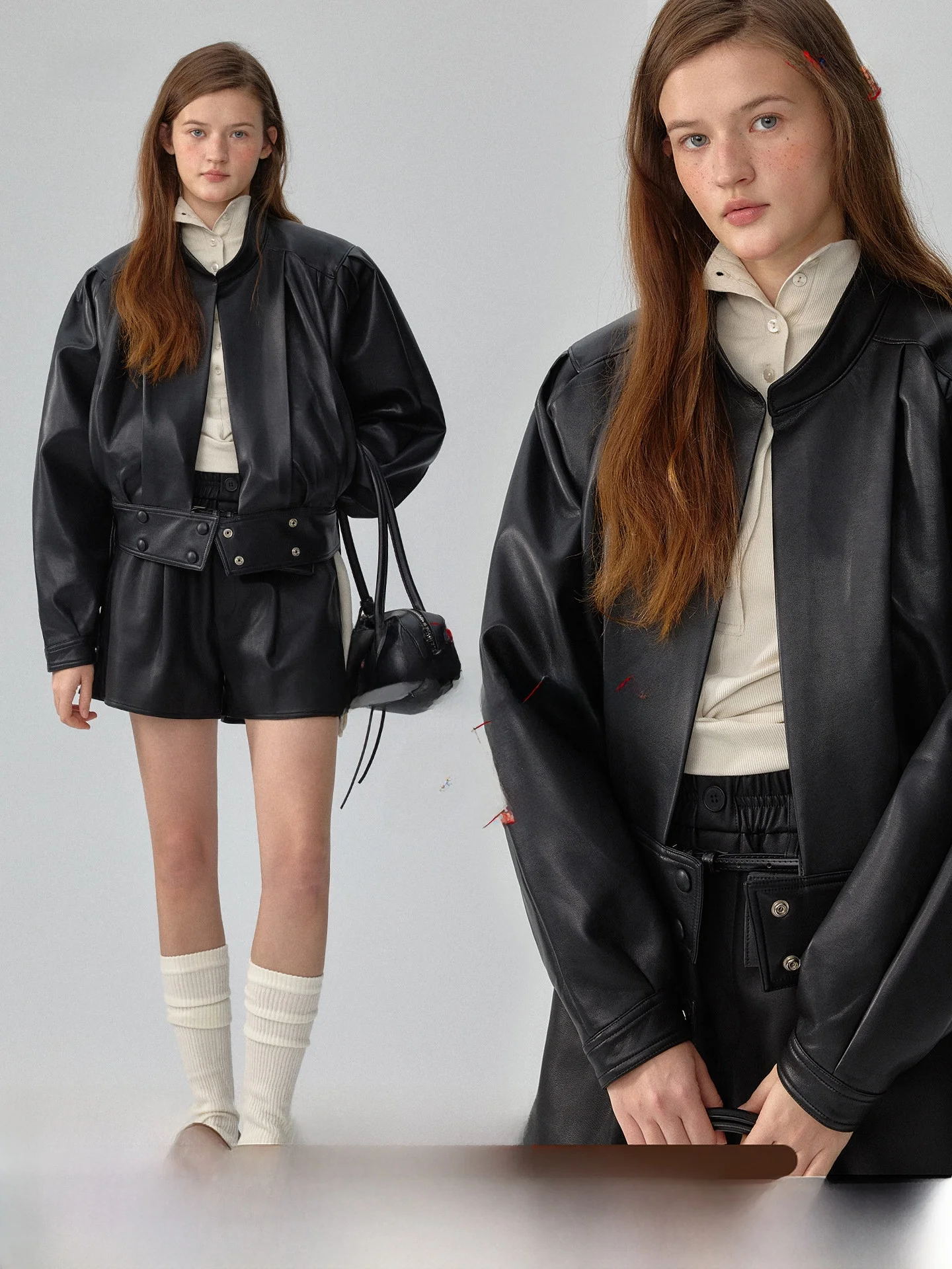 

Black PU Leather Jacket Design Sensation Spring Waist Cinched Pleated Stand Collar Coat plus Women's Fashion Coat