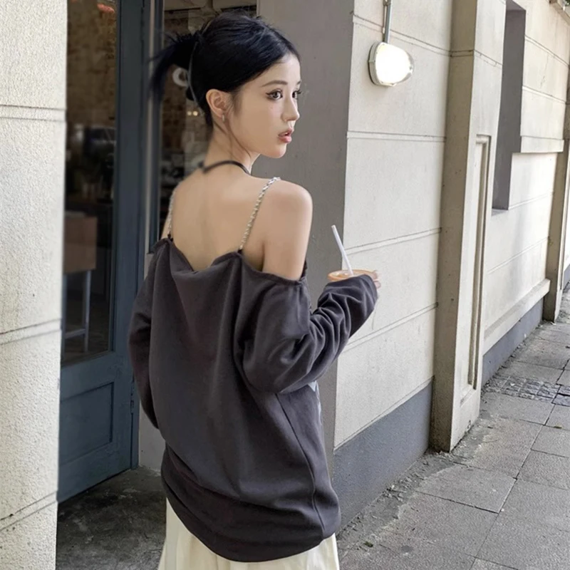 Simple Off Shoulder Neck Street Style Autumn Letter Print Irregular Suspender Design Long Sleeve Spring Top Korean Style