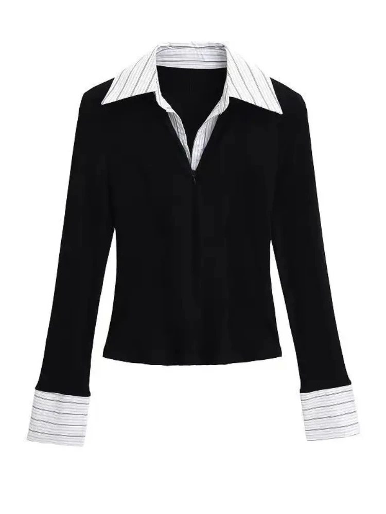 Polo Neck Contrast Patchwork Korean T Shirts Long Sleeve Fake Two-piece Trend Tops Fashion Office Spring Autumn Women Clothing