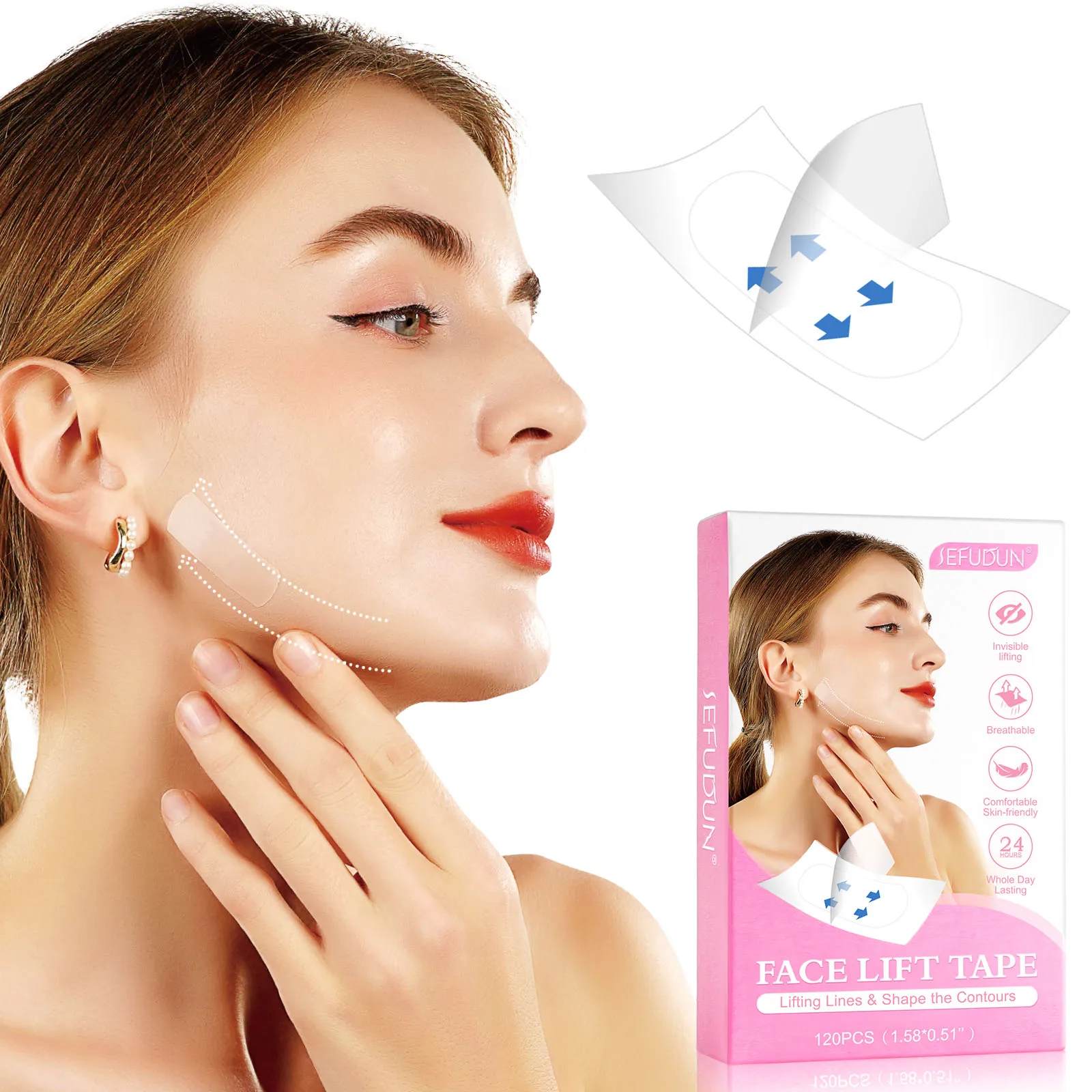 Fita de Lifting Facial Invisível para Rugas, Conjunto de 120 Peças, Levanta Linhas e Modela os Contornos, Respirável, Confortável e Amigável à Pele