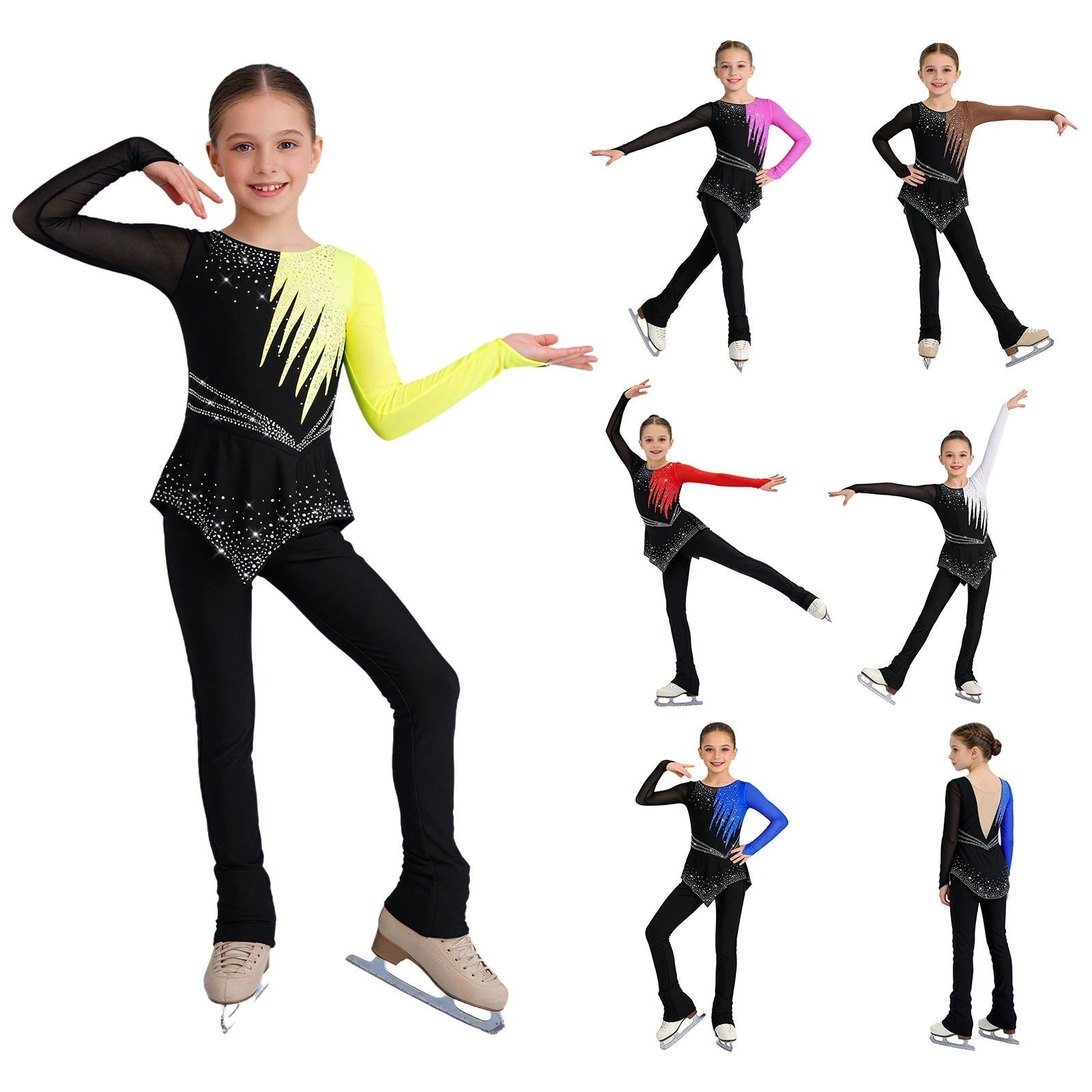 

Teen Girls Shiny Rhinestone Figure Skating Jumpsuit Gymnastics Ballet Dance Acrobatics Leotard Mesh Long Sleeve Skirted Bodysuit