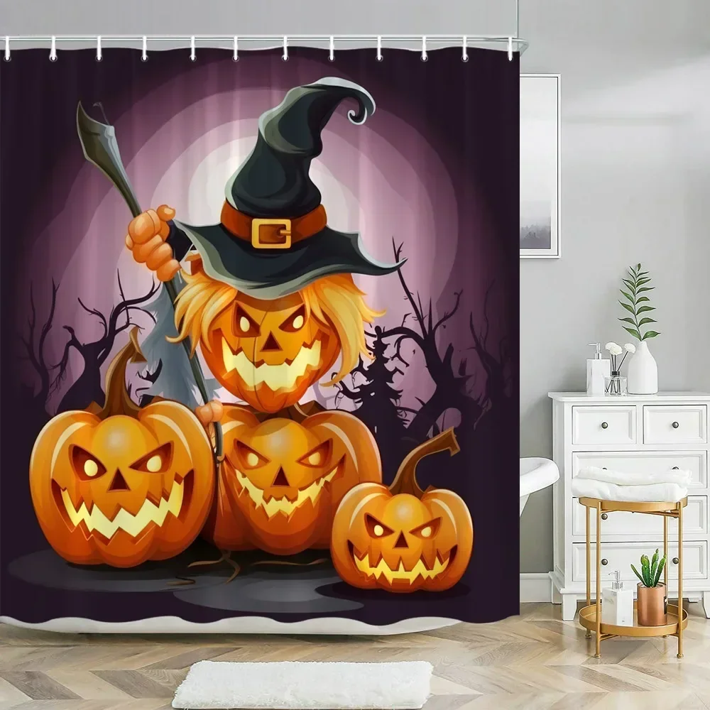 ~O~Halloween Pumpkin Bathroom Curtains Cartoon Cute Funny Magic Hat Ghost Broom Bathroom Curtains Party Decor Shower Curtain Fab