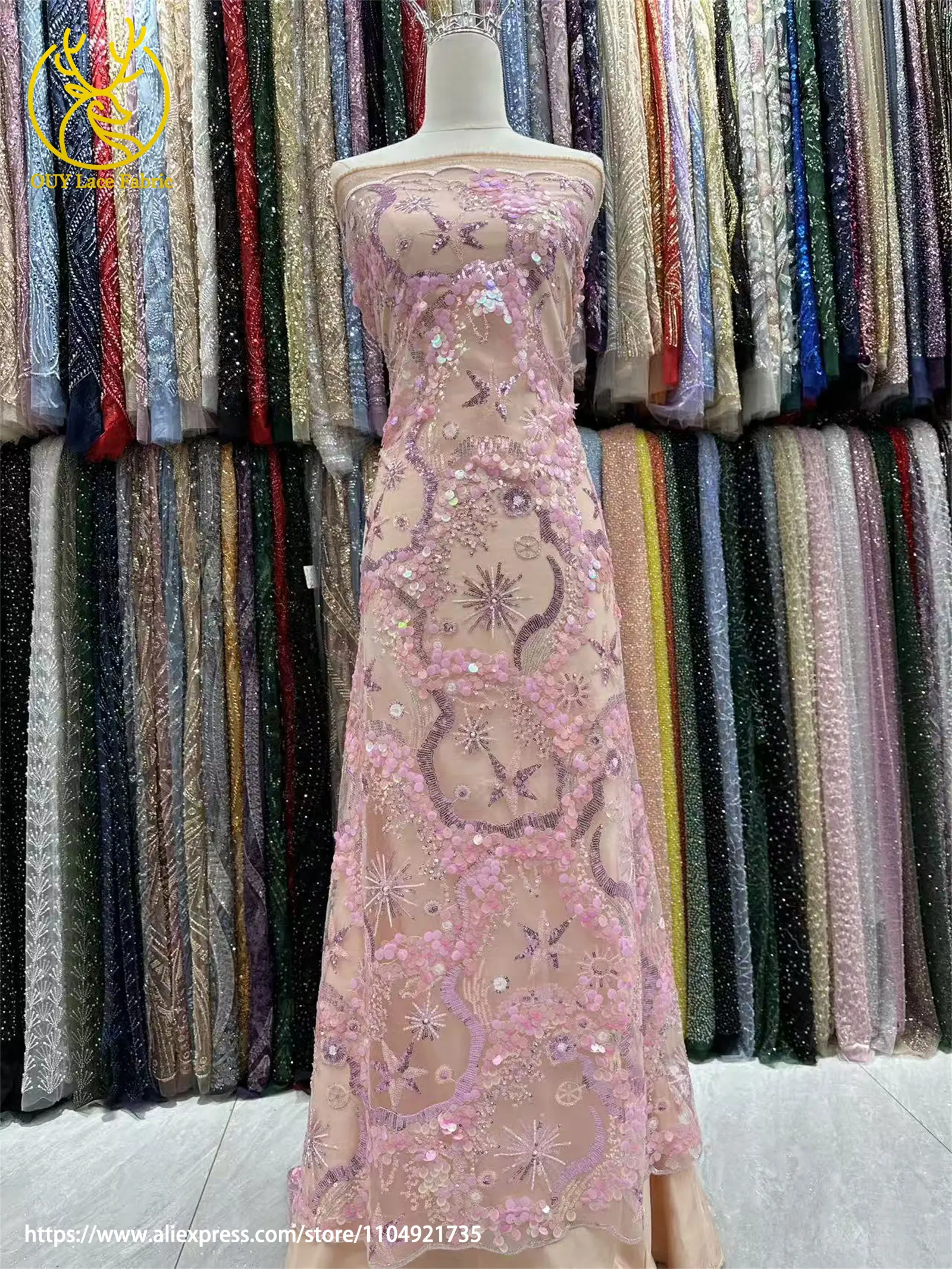 Hochwertiger afrikanischer nigerianischer bunter Pailletten-Stickerei-Spitzenstoff, zartes Kleid, Nähen, Brautparty, Dinnerparty, Hochzeit – Detail 10