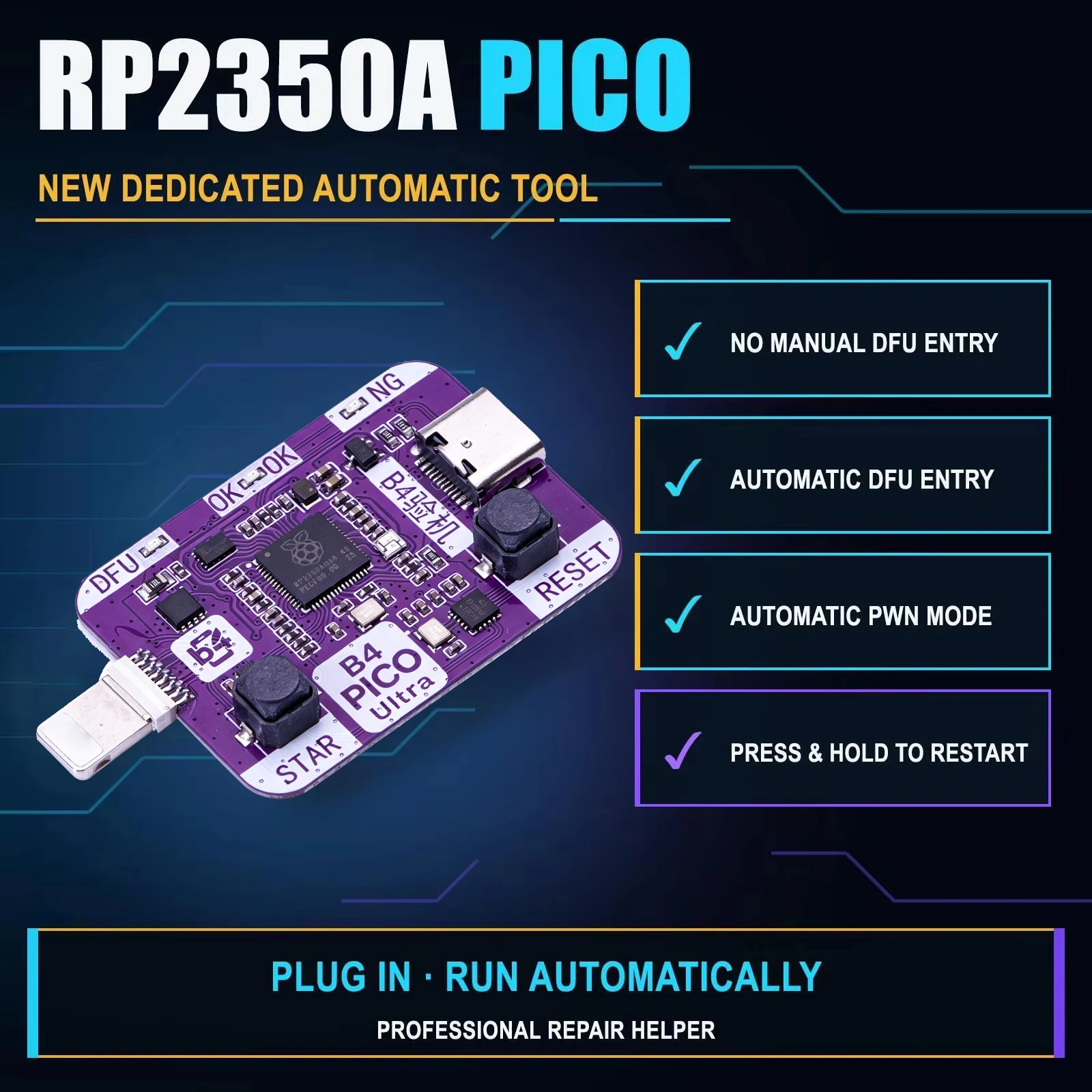 B4 PICO DFU Mode Adapter Pi Pico 2 RP2350-USB-A Pwned DFU Tool for iOS A12/A13 Repair Erase Tool Development Board
