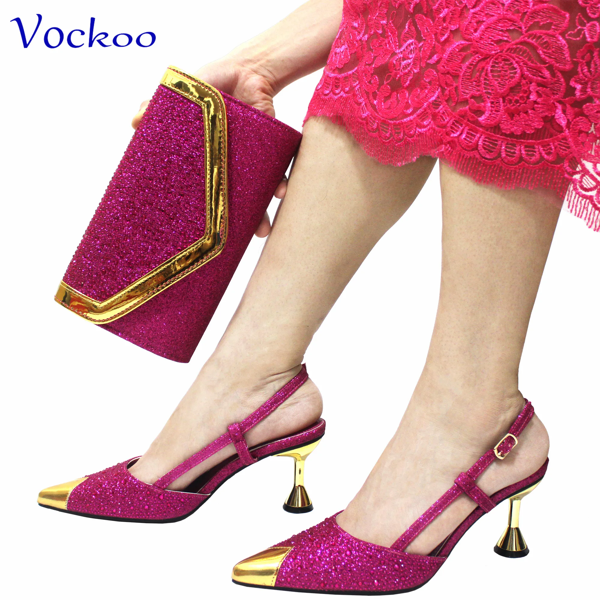 Fuchsia Color High Quality New Arrivals 2024 Italian Desing African Women Shoes and Bag Set Sweet Style Super Heels for Wedding