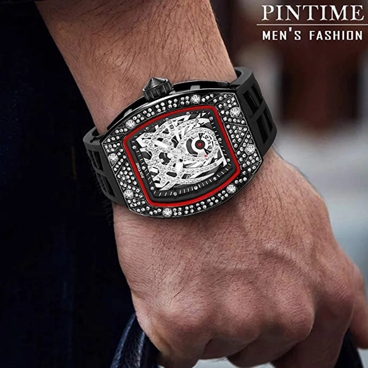 Mens Black Tonneau Fashion Diamond Punk Skeleton Silicone Quartz Analog Waterproof Wristwatch