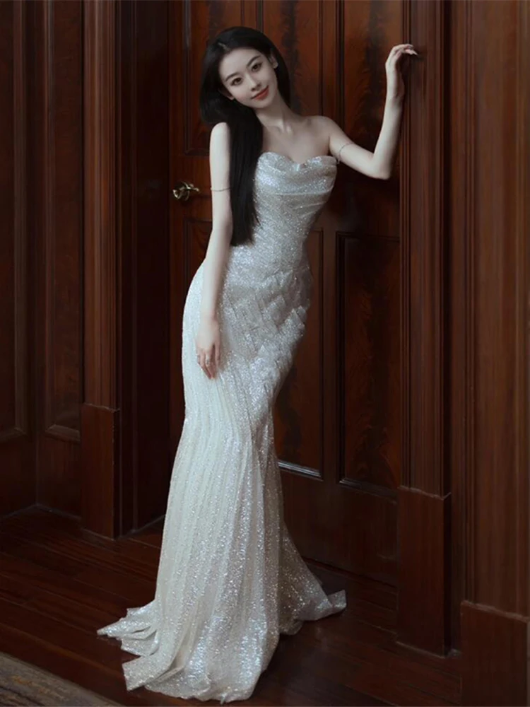 

Sequin Trim Bustier Long Evening Gown Sexy Slim Fit Wedding Dr Low Waist Tailored for Par And Banquet Polyester Fiber