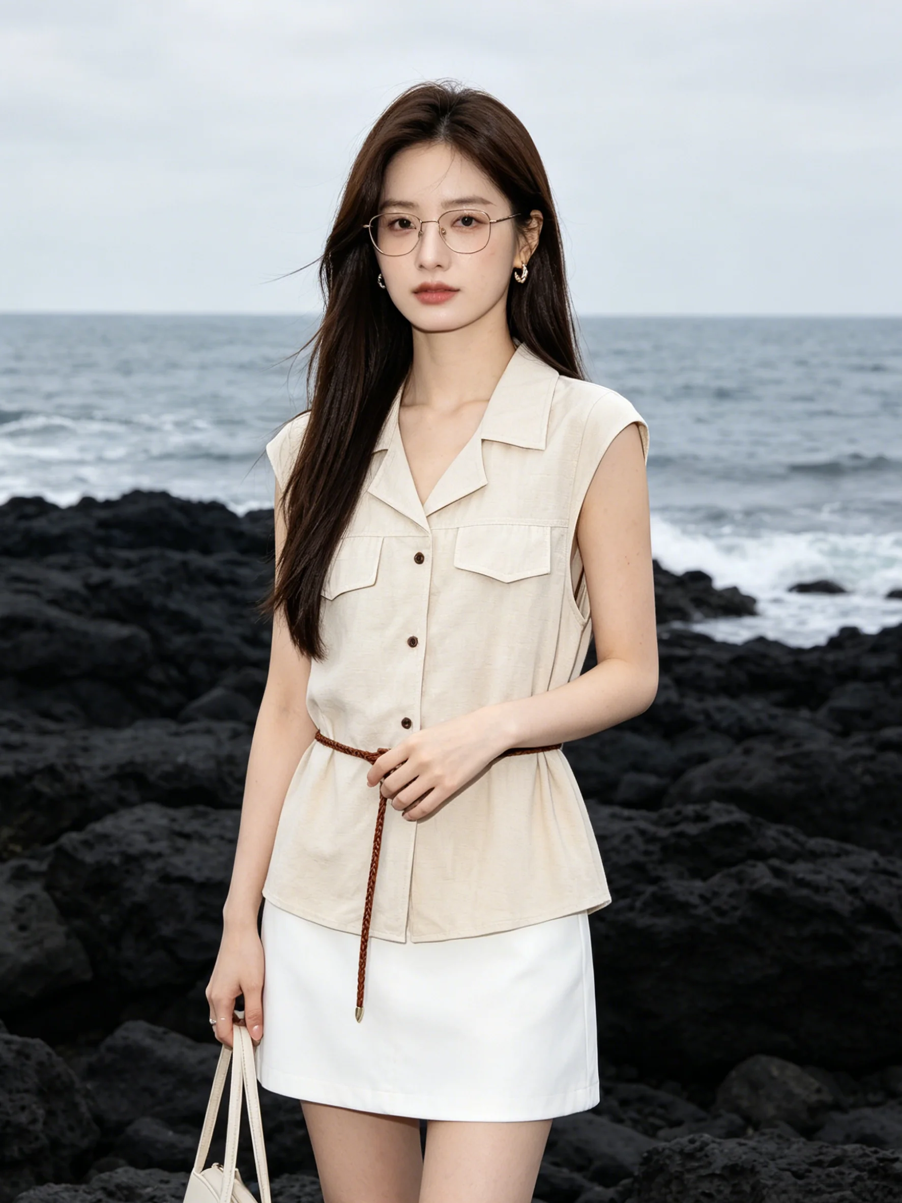 

Summer New Style Commuter Neck Sleeveless Shirt Korean Pure Color Slimming Waist Design Breathable Casual Women's Top