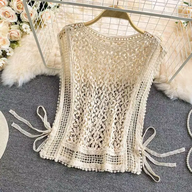 Summer Women Short Knitted Vest Shirt Round Neck Hook Flower Hollow Out Tank Top Lace Drawstring Pullovers Blouse