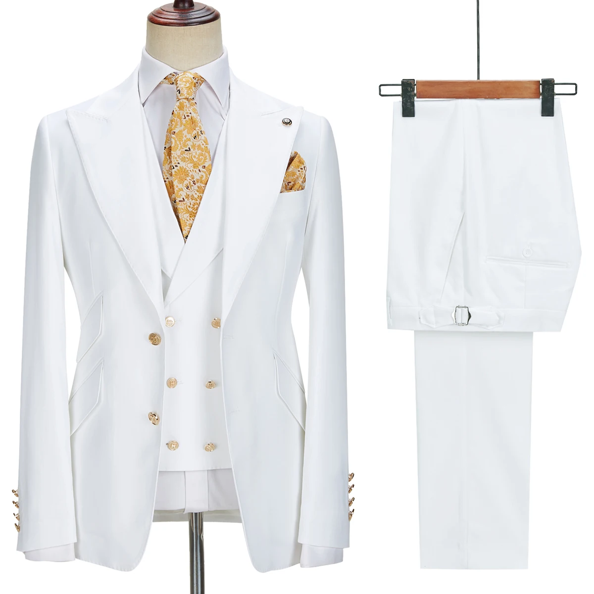 Trajes de boda de graduación para hombres, esmoquin de longitud media con Bolsillos de solapa de pico, dos botones, chaqueta personalizada para novio, chaleco, pantalones formales, 3 piezas