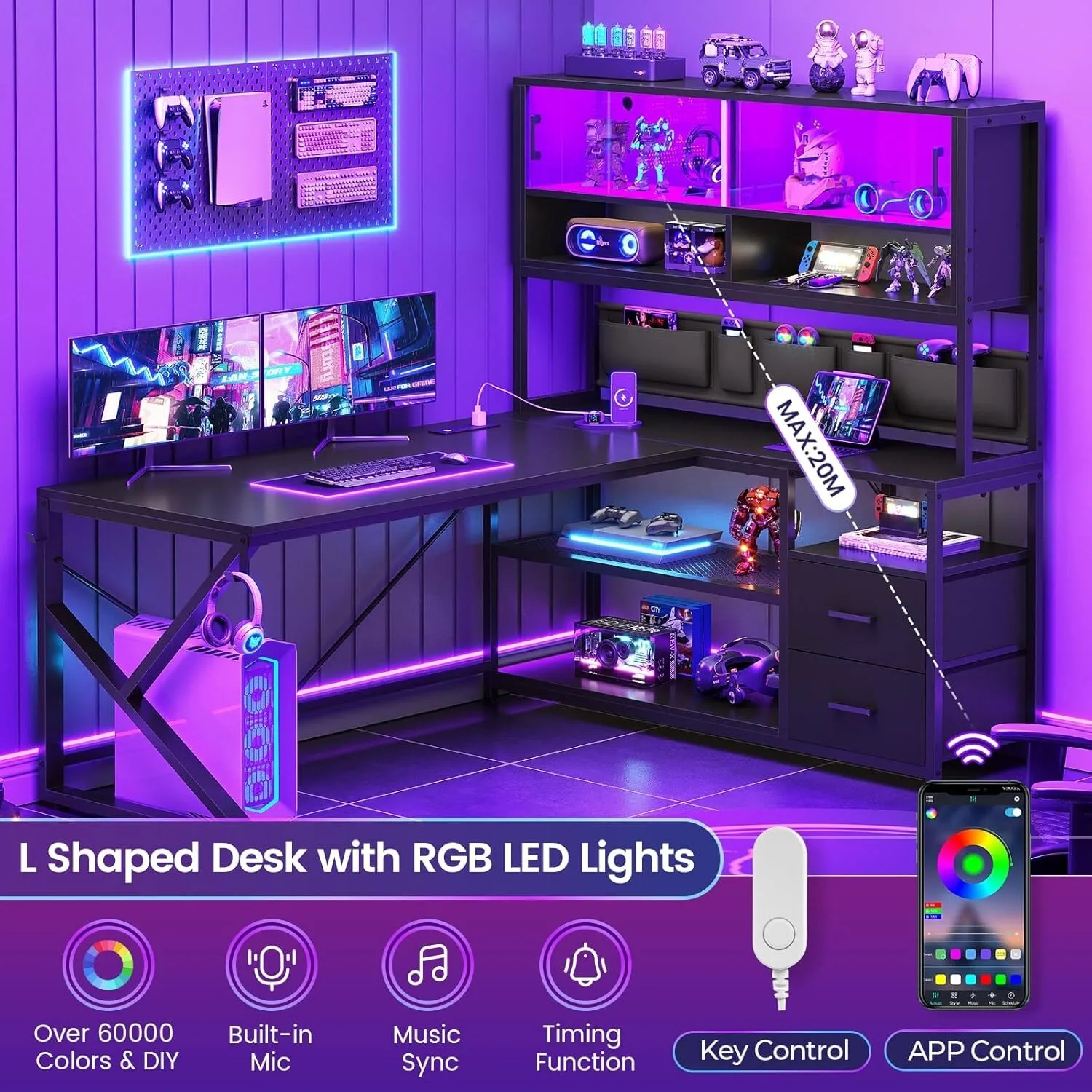 L Shaped Desk with LED Lights, Glass Cabinet and Bookshelf, Corner Computer Desk