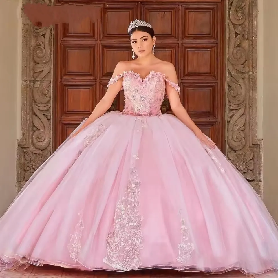 BOMARIS Pink Ball Gown Quinceanera Dresses Sexy Off Shoulder Appliques Cinderella Birthday Party Vestidos De 15 Anos Customized