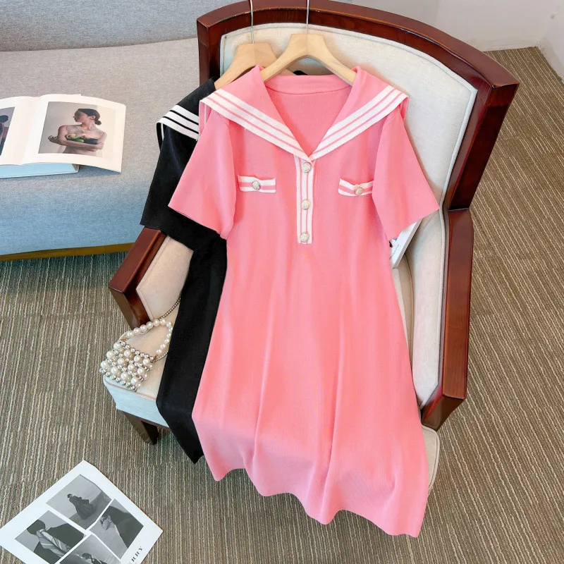 Stripe Knitted Dresses For Women Spring Summer Female Navy Collar Short Sleeve Large Size ​Elegant Mid-length Black Pink Vestido