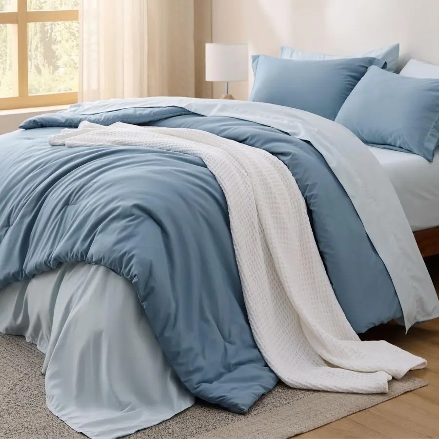 

Queen Comforter Set 7 Pieces Grayish Blue Queen Bedding Set for All Seasons, Boho Contrasting Design Bed in a Bag with Comforter