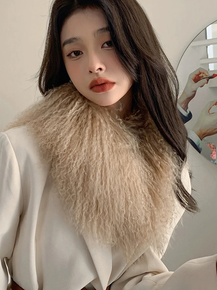 

Female Winter Warm Real Mongolian Fur Solid Color Sheep Fur Scarf Fur Women Girl Real Fur Scarf