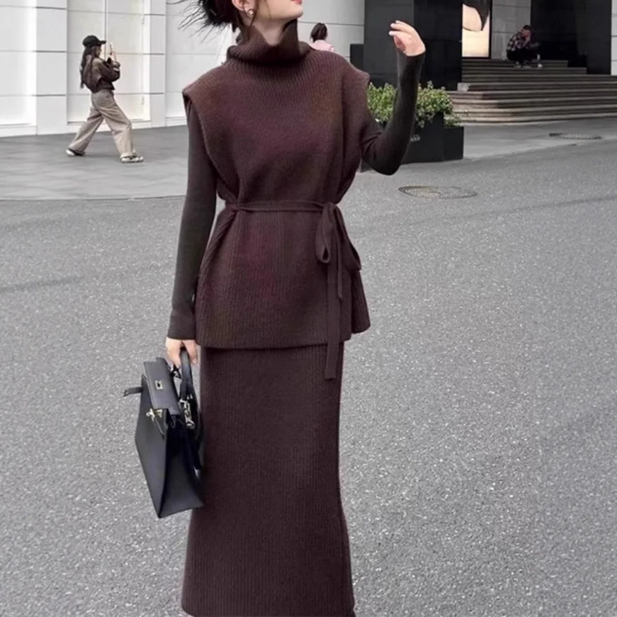 

Women Two Piece Sets Skirt Set Turtleneck Sleeveless Knit Sweaters Tops Long Skirts Tight Waist Y2k Streetwear Elegant Autumn