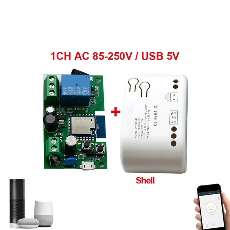 Smart Wifi Relay Switch Module Kit, Inching Self-Locking Interlocking Module 1-Way AC85-250V With Housing Remote Control