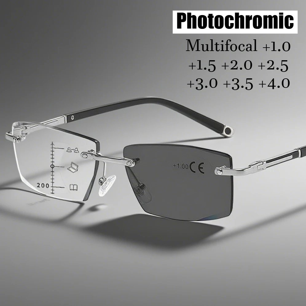 

2025 Rimless Photochromic Reading Glasses for Men Women Multifocal Far Sighted Eyewear Retro Anti-blue Light Presbyopia GLasses
