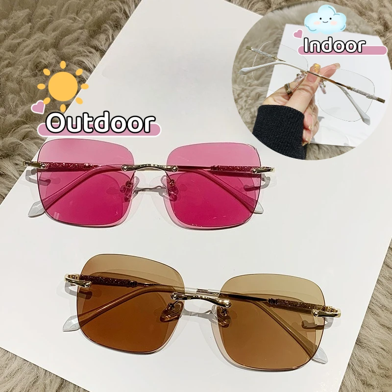 نظارات شمسية بدون إطار فوتوكروميك للنساء، نظارات شمسية بعدسات مربعة عتيقة، نظارات حماية من الأشعة فوق البنفسجية 400، نظارات كبيرة الحجم