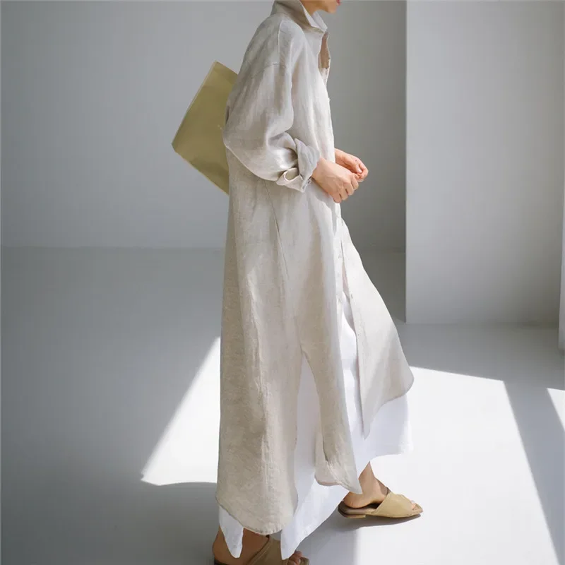 Women's Spring/autumn New Fashion Loose Shirt Dress Over The Knee Long Outside with Cotton Linen Shirt Solid Color Split Dress